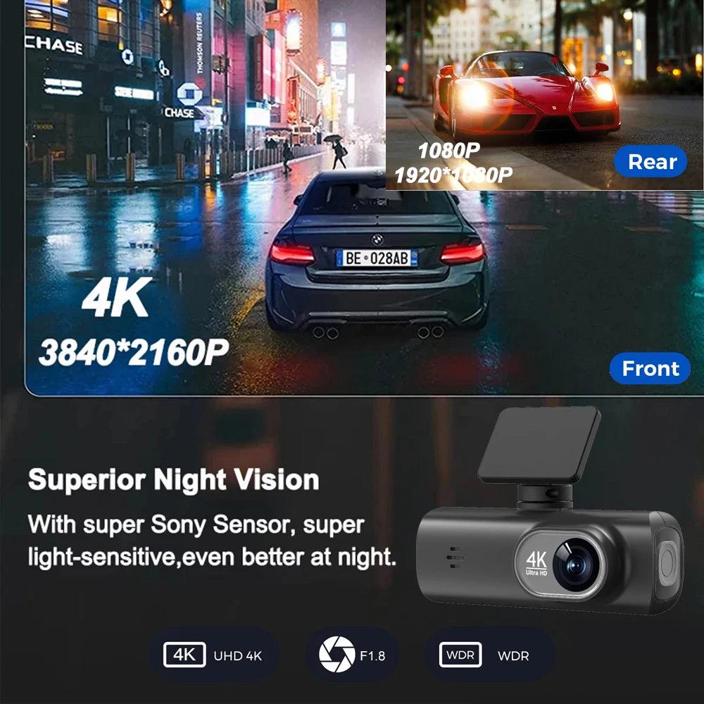 UHD 4K WiFi Dash Cam Dual Lens Driving Recorder Car DVR Optional 1080P