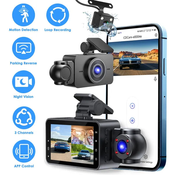 WiFi FHD 1080P 3 Channel Car Dash Cam Front Rear Inside With 32G MMC